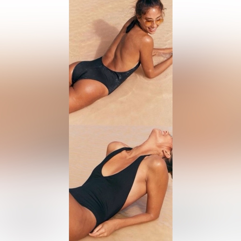 Aerie Ribbed Deep V Plunge High Cut Halter Swimsuit